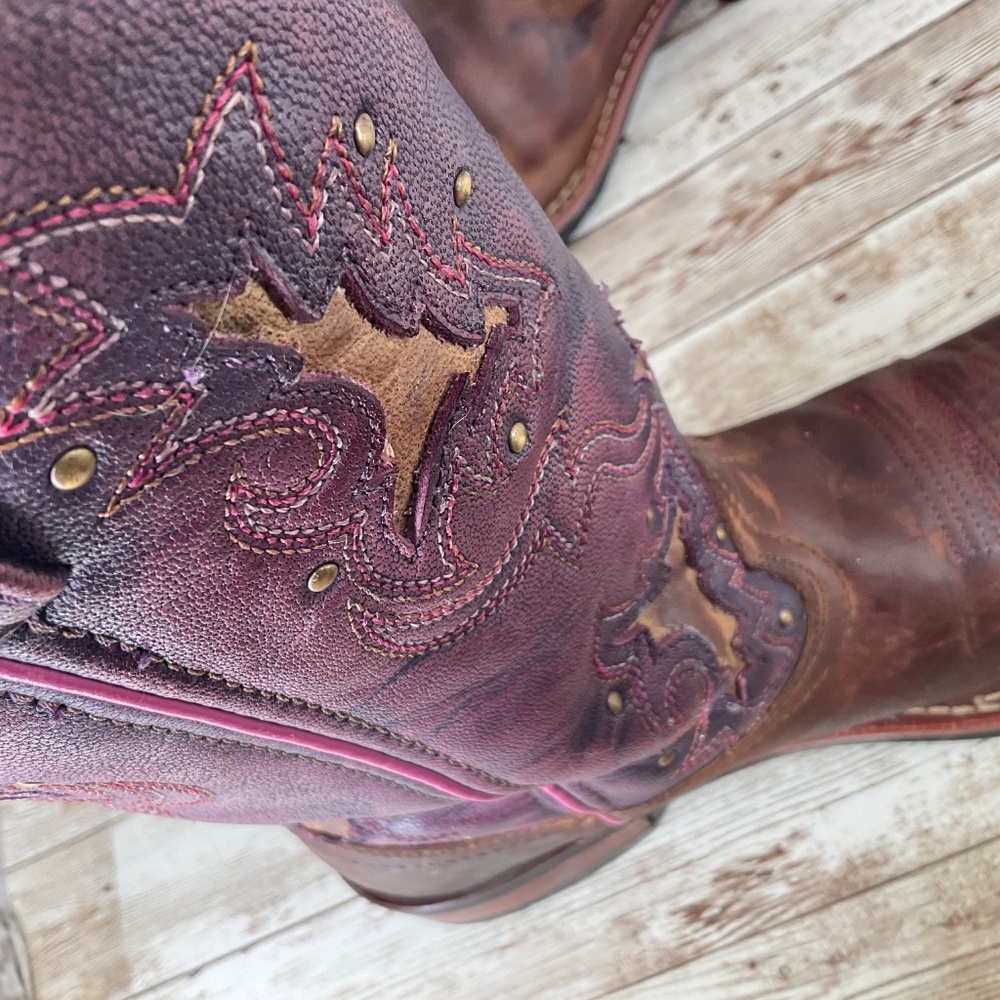 LAREDO WOMENS LOLA COWGIRL BROWN/PINK TRIM EMBROIDERED SQUARE TOE WESTERN BOOTS - Picture 8 of 11